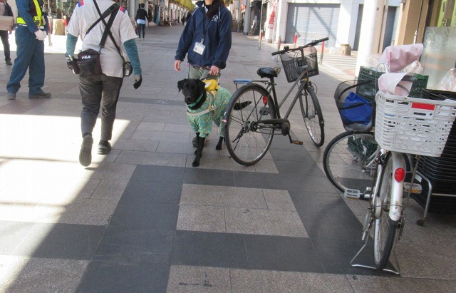 商店街の中で止めてある自転車をよけているところ